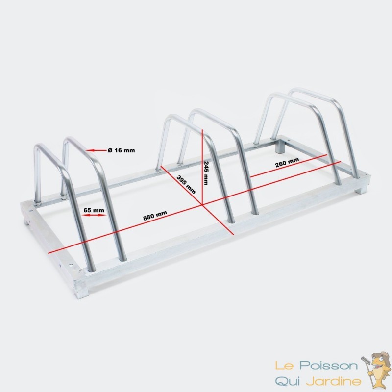 Rangement - Râtelier 5 Vélos, Fixation Sol, Longueur 130,5 cm, 1 niveau -  Le Poisson Qui Jardine