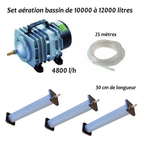 Set aérateur bassin de jardin de 10000 à 12000 l. Pompe à air bassin + 3 bulleurs longs