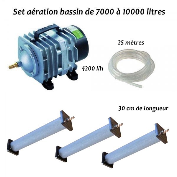 Set aérateur bassin de jardin de 7000 à 10000 l. Pompe à air bassin + 3 bulleurs longs