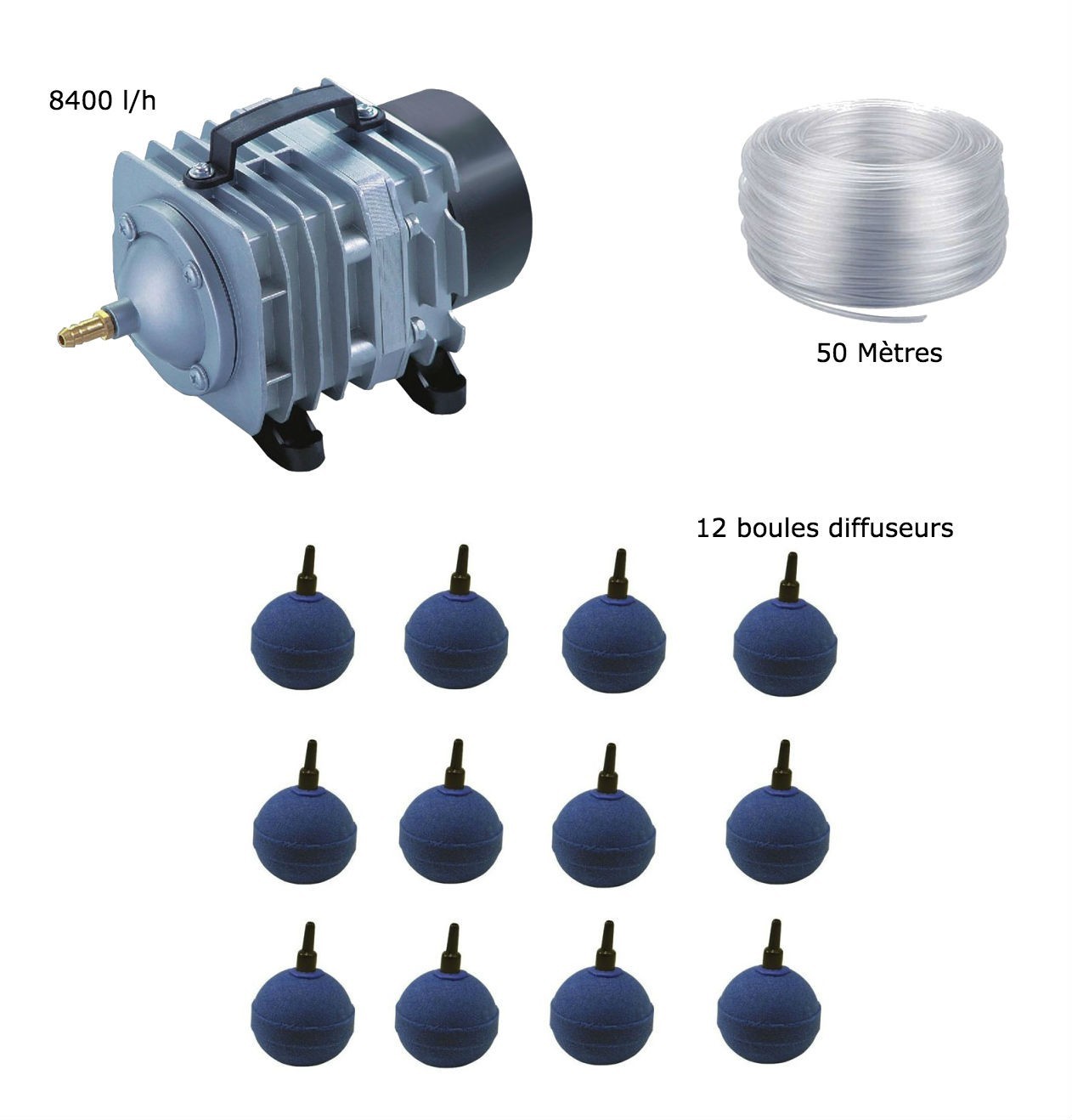 Set aération bassin de jardin 7500 l/h 12 boules de 15000 à 20000 litres