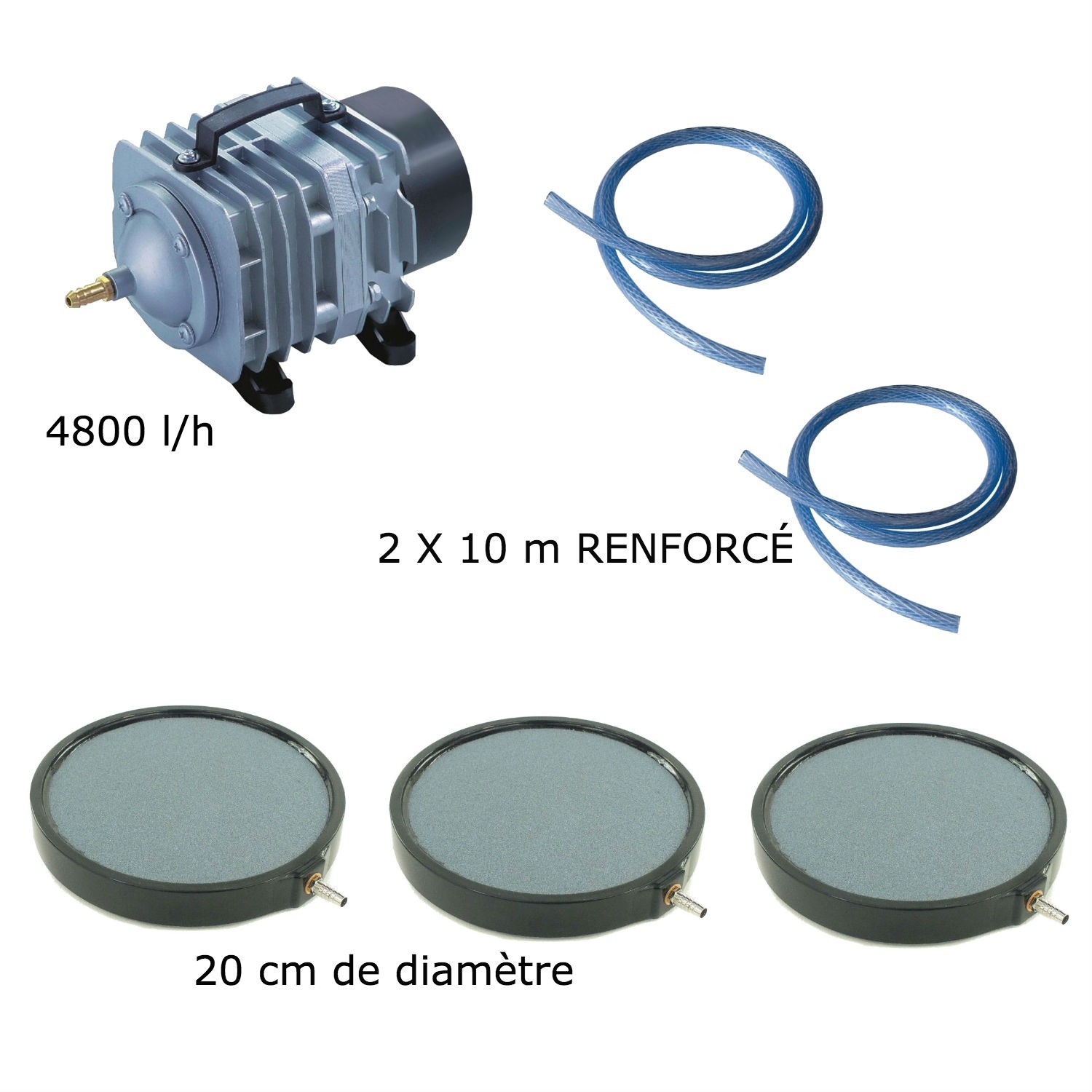 Set aération bassin 4800 l/h 3 diffuseurs 20 cm de 10000 à 15000 litres