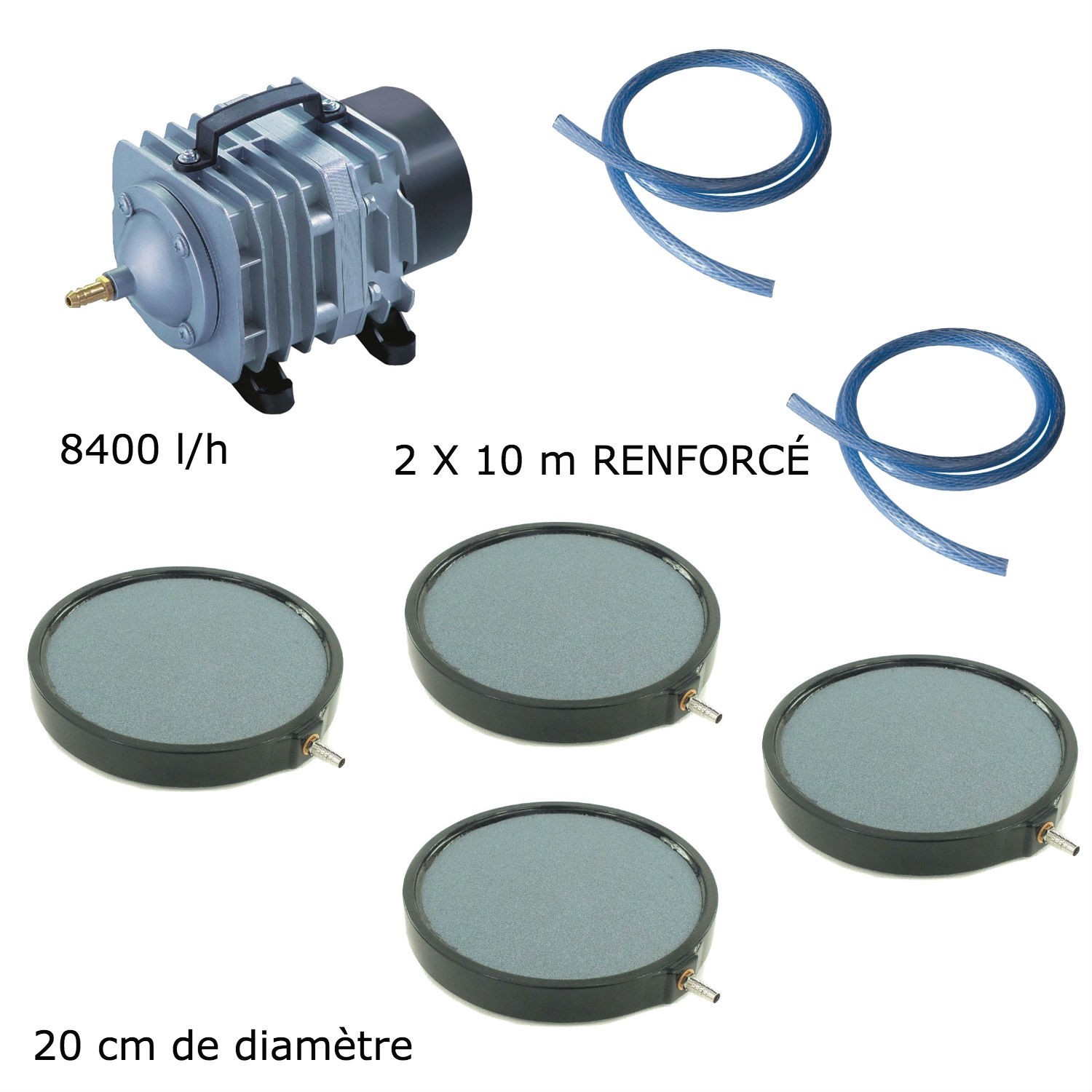 Set aération bassin de jardin 7500 l/h 4 disques 20 cm de 15000 à 20000 litres