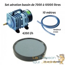 Set aérateur bassin de jardin de 7000 à 10000 l. Pompe à air bassin + 1 bulleur disque 20 cm