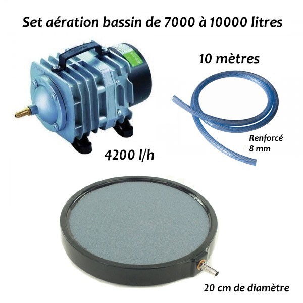 Set aérateur bassin de jardin de 7000 à 10000 l. Pompe à air bassin + 1 bulleur disque 20 cm