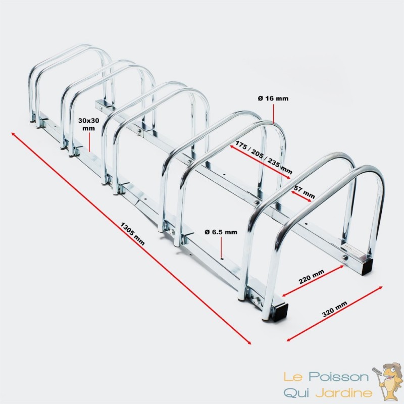 Rangement - Râtelier 5 Vélos, Fixation Sol, Longueur 130,5 cm, 1 niveau -  Le Poisson Qui Jardine