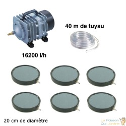 Set pompe à air bassin de jardin + 6 disques bulleurs 20 cm. Pour bassins de 30000 à 50000 litres