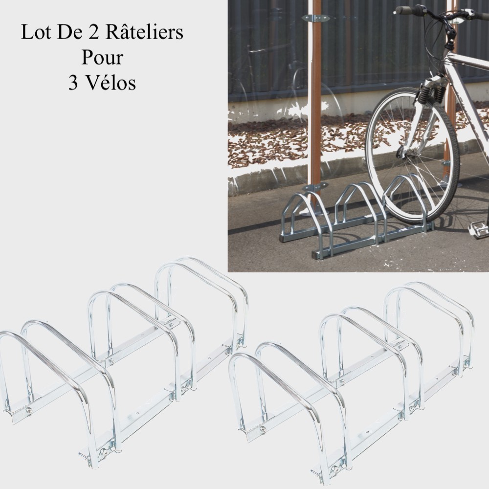Lot De 2 : Râtelier 3 Vélos Avec Fixation Au Sol, Long. 71cm, 1 Niveau