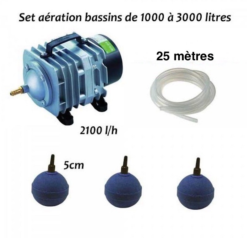 Set aérateur pompe à air bassin de jardin de 1000, 2000 et 3000 l. Bulleur et tuyaux inclus