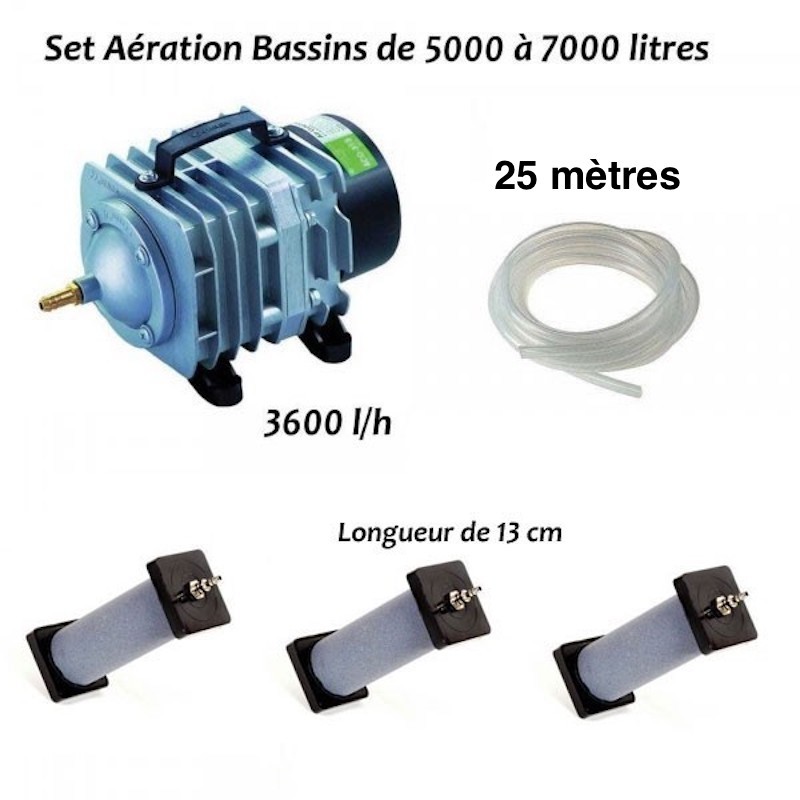 Set aérateur bassin de jardin de 5000 à 7000 l. Pompe à air bassin 3600 l/h + 3 bulleurs 13cm