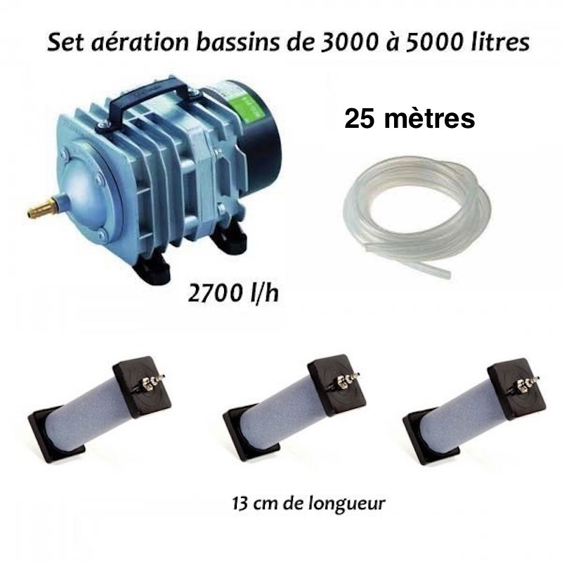 Set Aérateur bassin de jardin de 3000 à 5000l. Pompe à air bassin + bulleurs de 13 cm