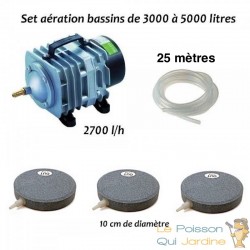 Set aérateur bassin de jardin de 3000 à 5000 l. pompe à air bassin + 3 bulleurs disques