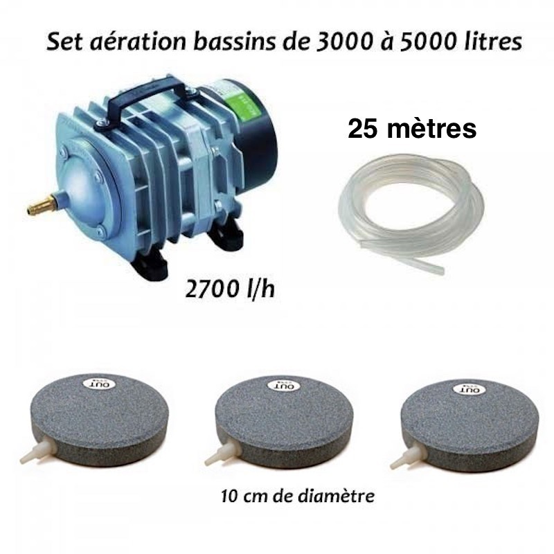 Set aérateur bassin de jardin de 3000 à 5000 l. pompe à air bassin + 3 bulleurs disques