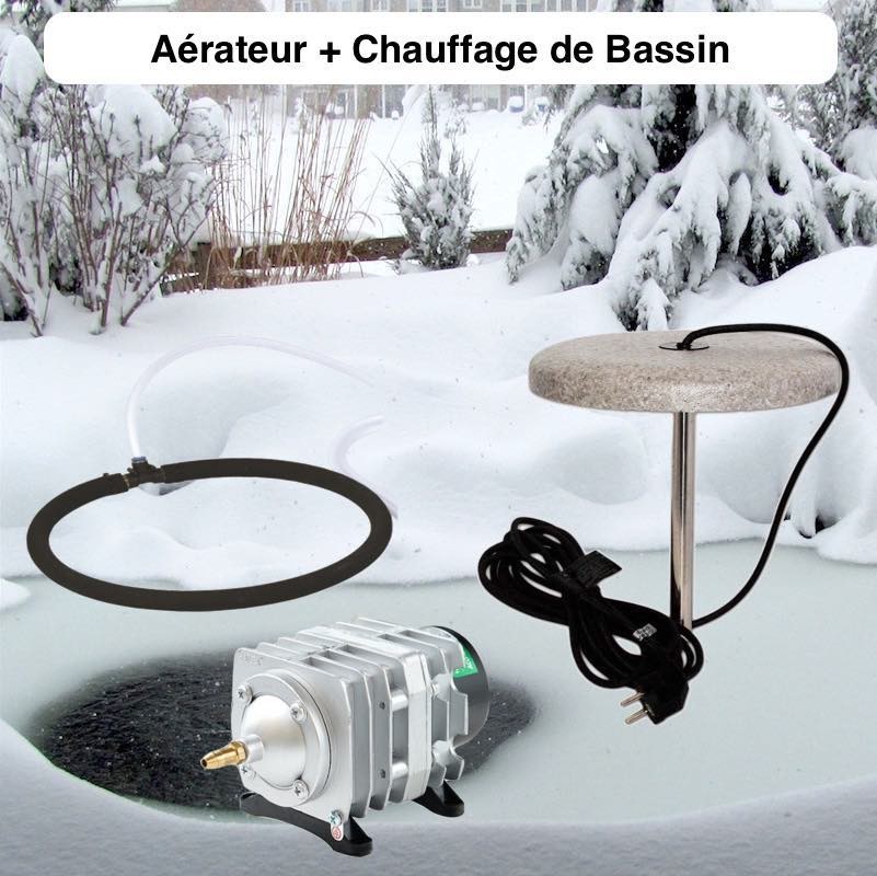 Lot Chauffage Bassin 150W + Set Aération Pompe 7500 l/h 1 diffuseur poreux 35 cm