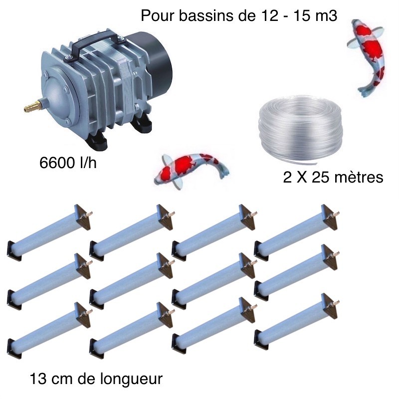 Set aération bassin de jardin 6600 l/h 12 diffuseurs 13 cm - 12000 à 15000 litres