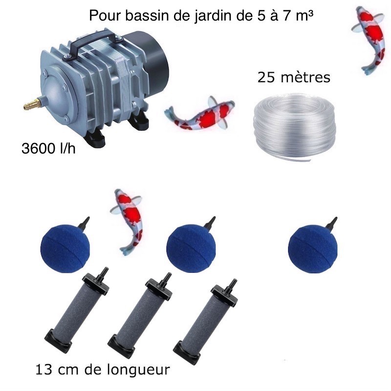 Set aération bassin 3600 l/h 3 Diffuseurs 13 cm + 3 boules de 5 à 7 m³