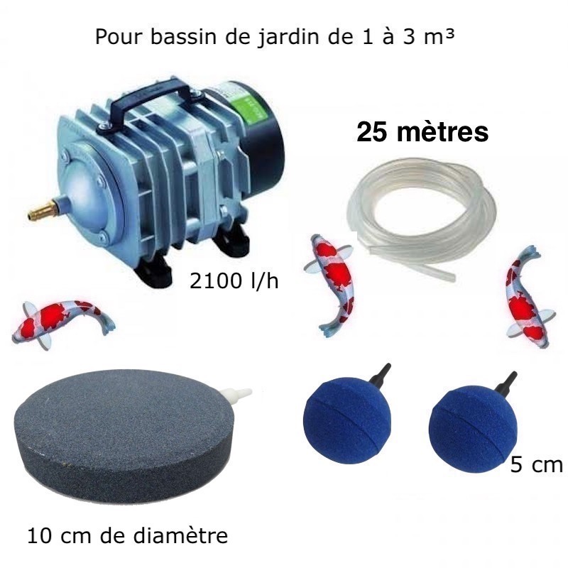 Set Aérateur bassin 2 boules diffuseurs + 1 disque 10 cm Bassin De Jardin De 1000 À 3000 Litres