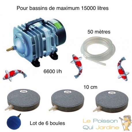 Set aération bassin de jardin 6 Boules + 3 disques 10 cm de 12000 à 15000 l