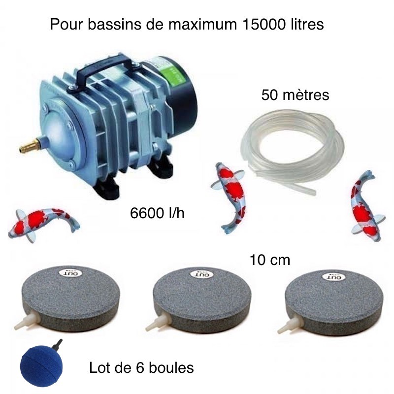 Set aération bassin de jardin 6 Boules + 3 disques 10 cm de 12000 à 15000 l