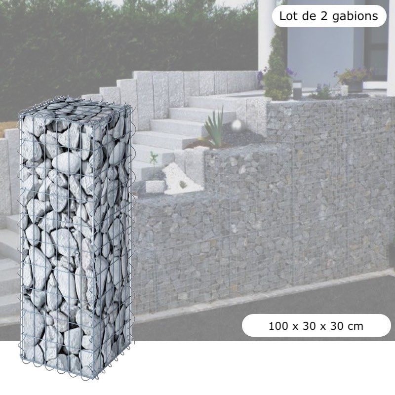 Lot De 2 Gabions En Métal Galvanisé, Robustes, Résistants, 100 x 30 x 30 cm