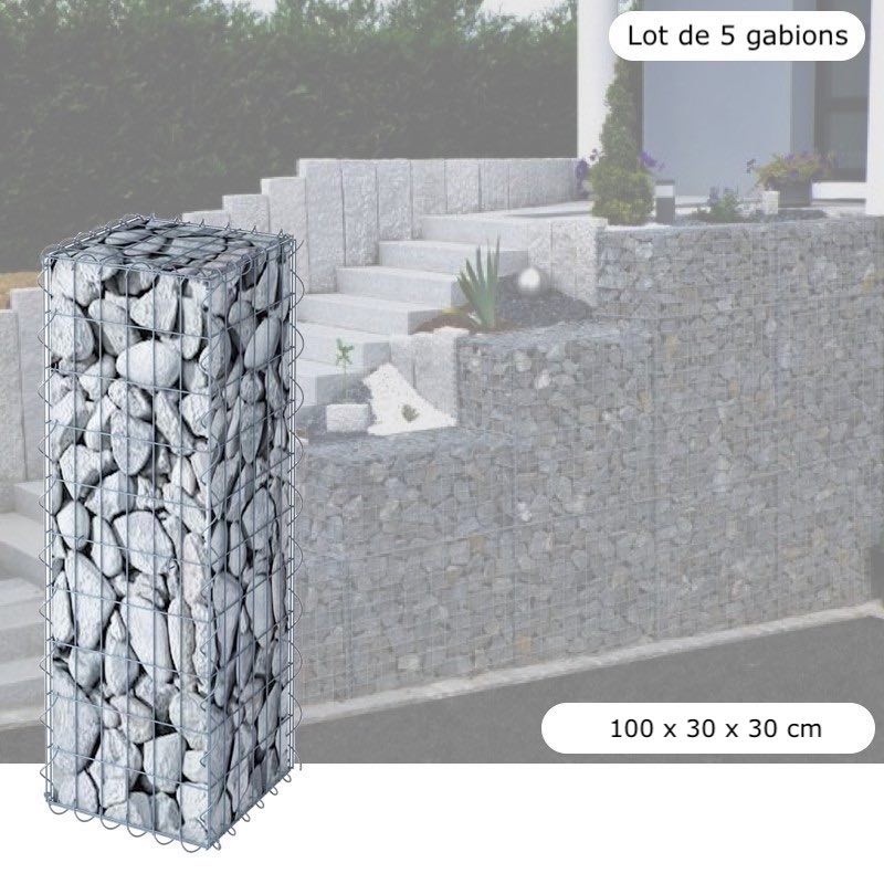 Lot De 5 Gabions En Métal Galvanisé, Robustes, Résistants, 100 x 30 x 30 cm