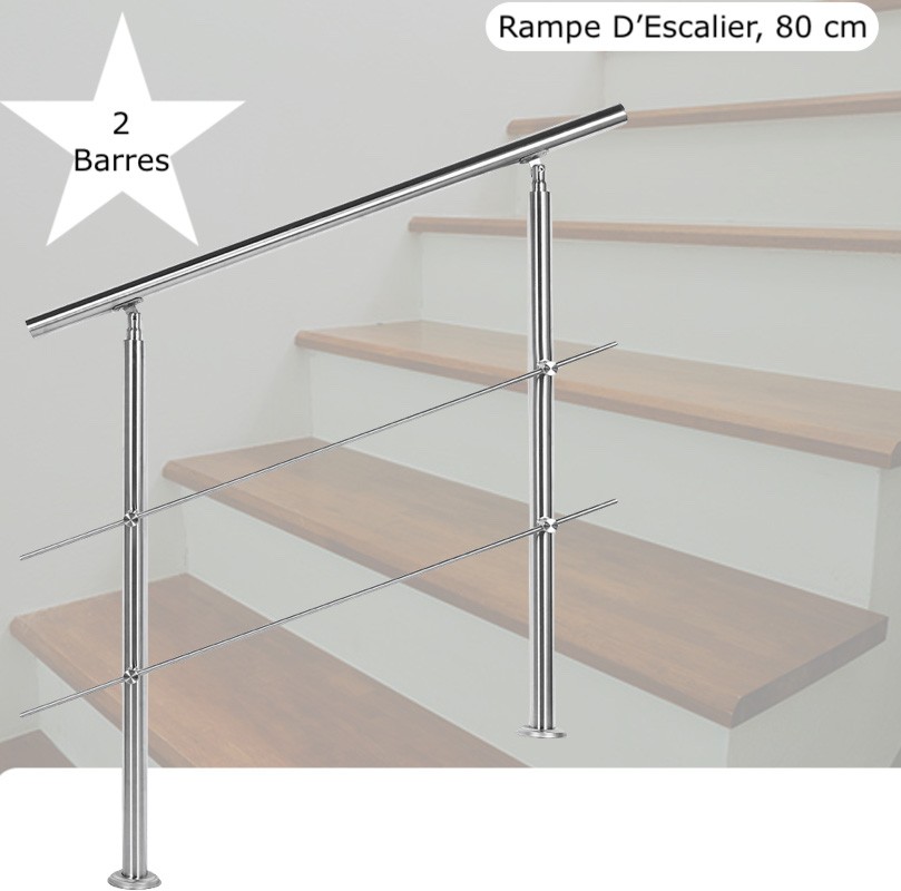 Rampe D'Escalier, Main Courante, Sur Pieds, 80 cm, Acier Inoxydable, 2 Barres