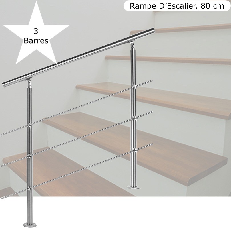 Rampe D'Escalier Sur Pied, 80 cm, En Acier Inoxydable, 3 barres