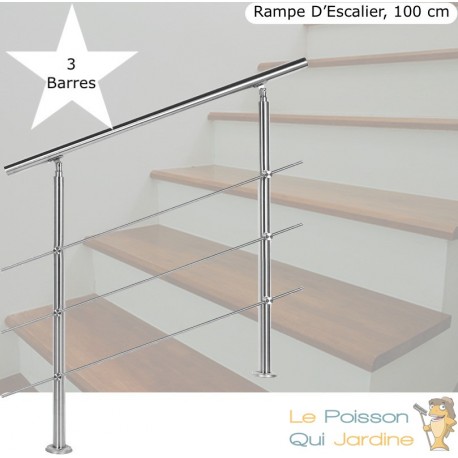 Rampe d'escalier sur pied 100 cm en inox 3 barres. Main courante -