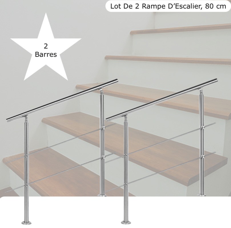 Lot 2 Rampes D'Escalier Sur Pied, 80 cm, En Acier Inoxydable, 2 Barres