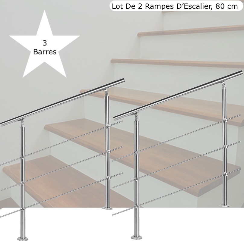 Lot de 2 Rampes D'Escalier Sur Pied, 80cm, Acier Inoxydable, 3 Barres