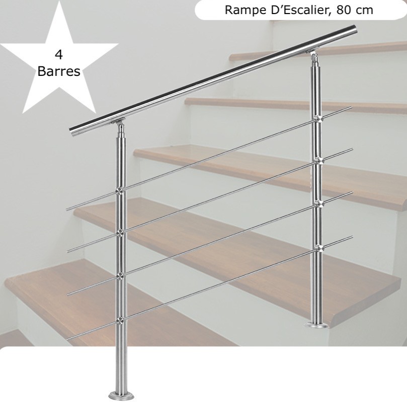 Rampe D'Escalier Sur Pied, 80 cm, Acier Inoxydable, 4 Barres