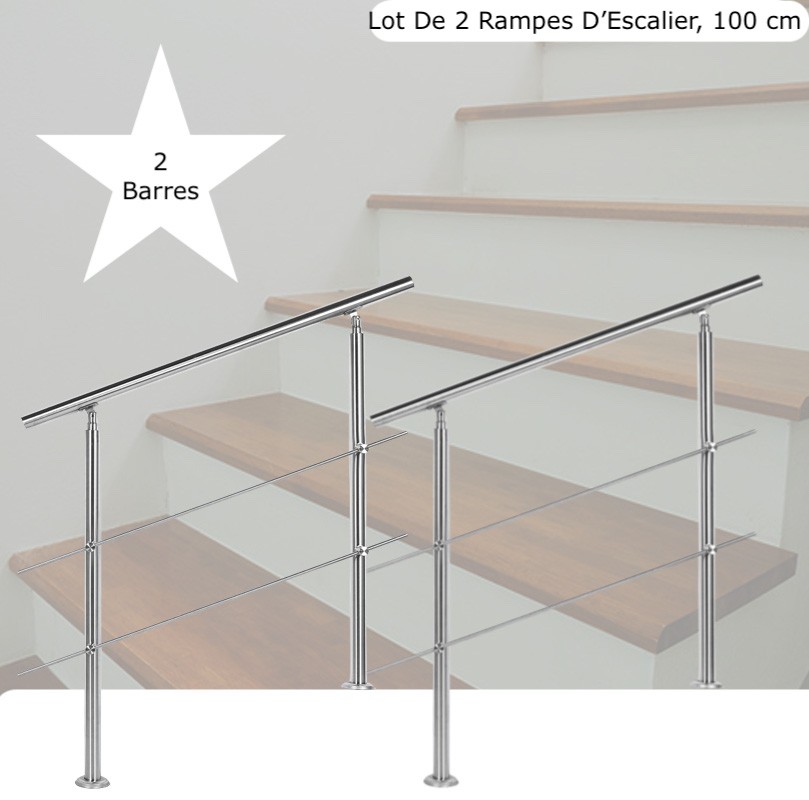 Lot 2 Rampes D'Escalier Sur Pied,100cm, Acier Inoxydable, 2 Barres