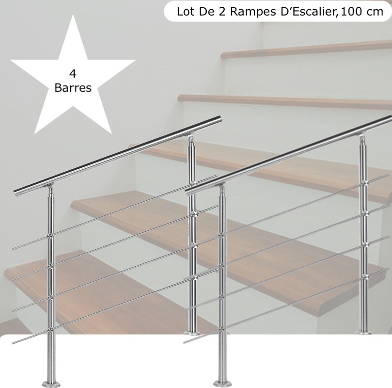 Lot 2 Rampes D'Escalier Sur Pied, 100 cm, Acier Inoxydable, 4 Barres