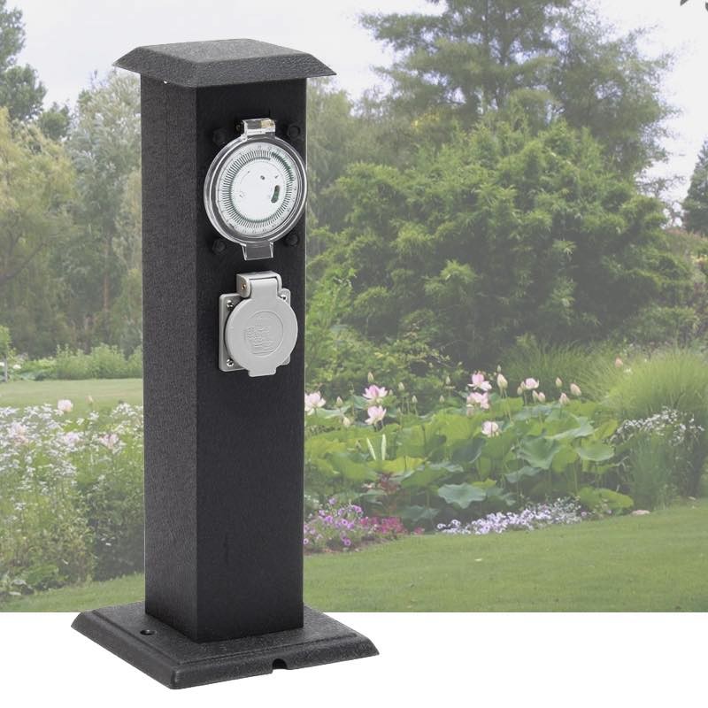 Multiprise Borne Noire 2 Prises Électriques Et Minuterie Pour Jardin Et Extérieur