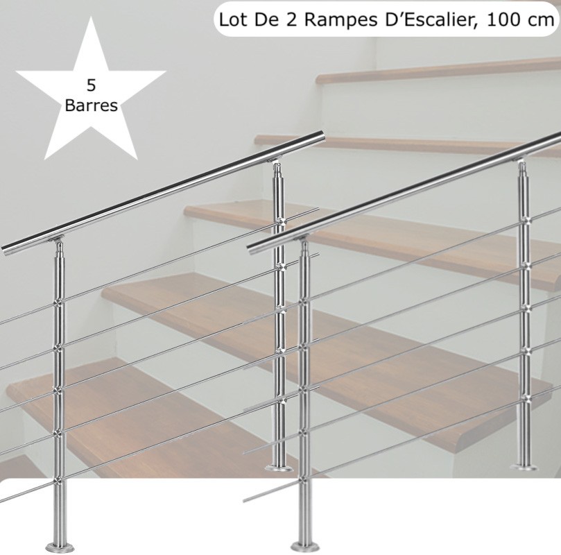 Lot, 2 Rampes D'Escalier, Sur Pied, 100 cm, Acier Inoxydable, 5 Barres