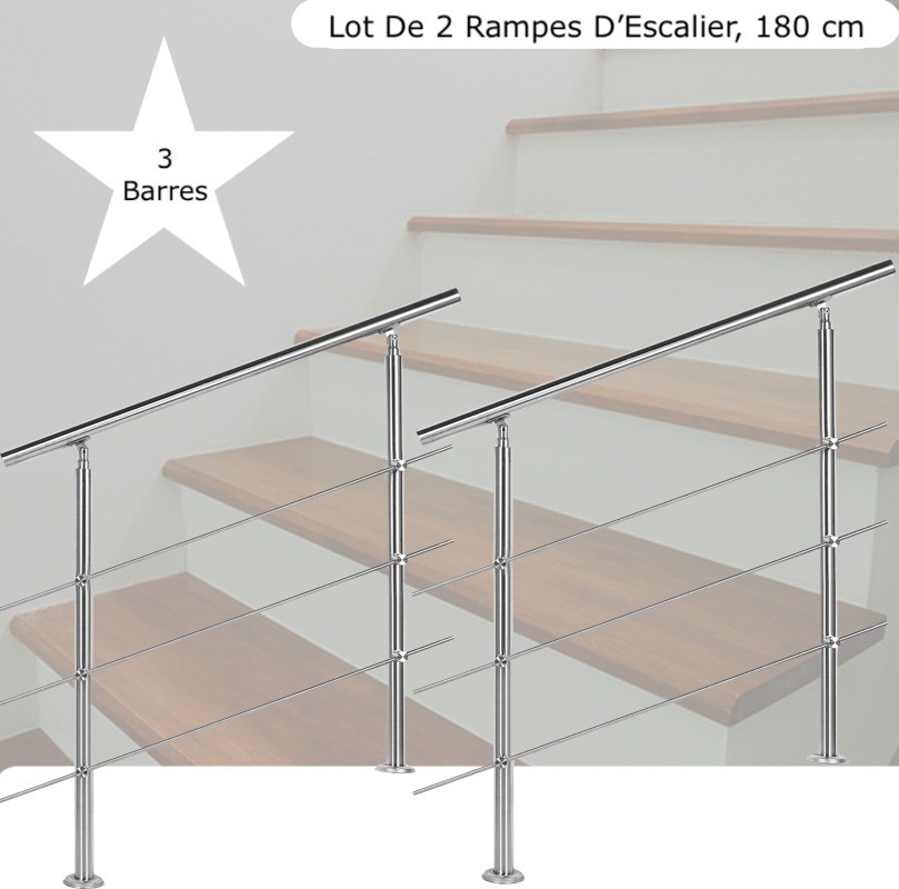 Lot, 2 Rampes D'Escalier Sur Pied, 180cm, Acier Inoxydable, 3 Barres