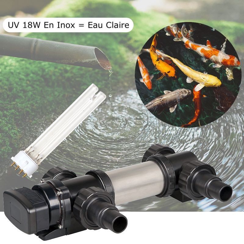 U.V Stérilisateur - Clarificateur , INOX 18W, Bassins De Jardin 6 m³ + 1 Ampoule UV Supplémentaire