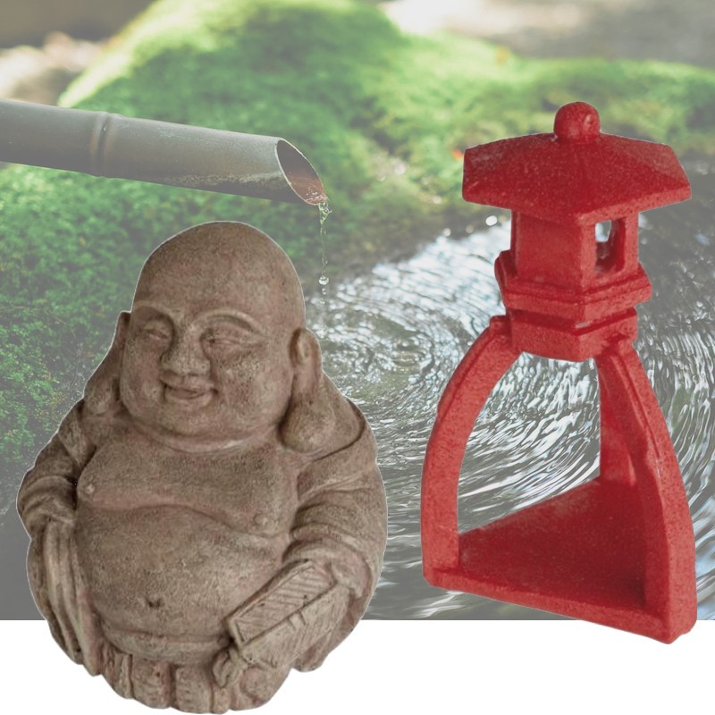 2 Décorations De Bassin De Jardin, Bouddha + Pagode Rouge