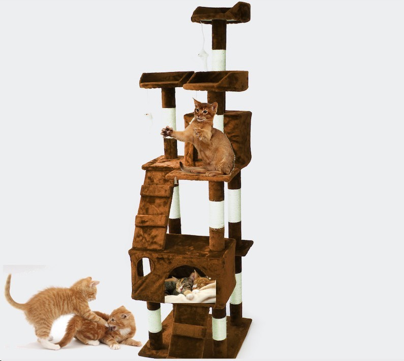 Arbre À Chats, De Couleur Marron, 170cm De Haut, 2 Étages, 3 Couchages