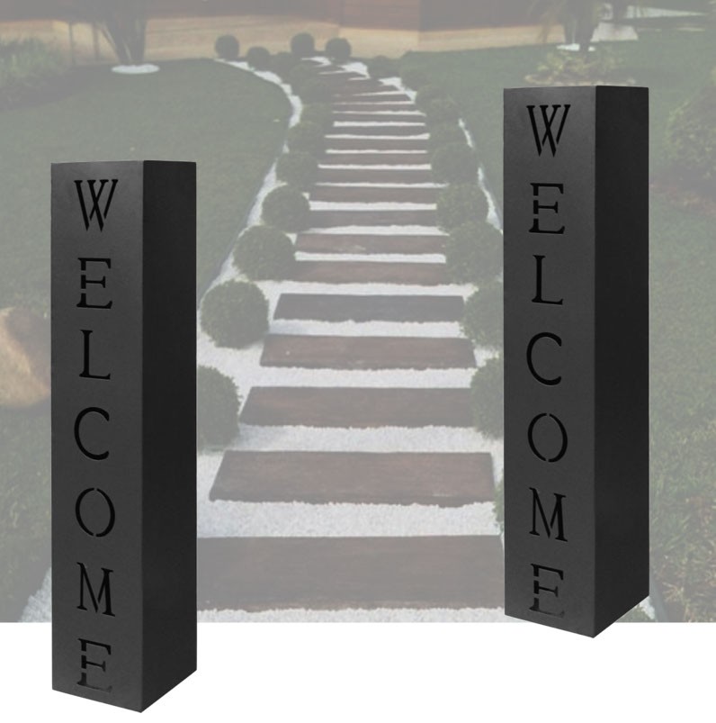 Lot De 2 Colonnes Décoratives, Pour Jardin, En Métal, Noir, Welcome