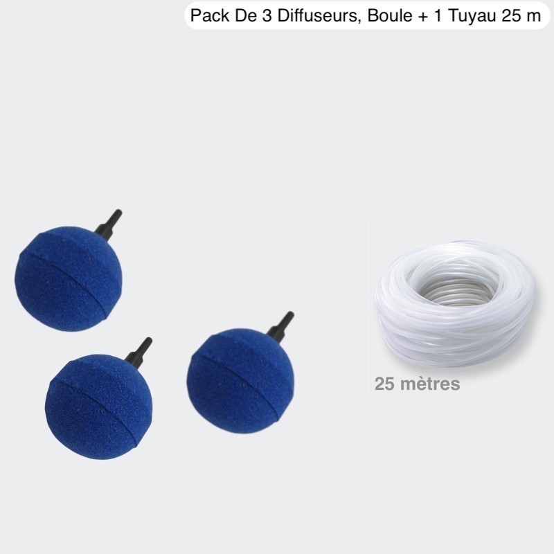 Pack 3 Diffuseurs d'Air, Boule + 1 Tuyau De 25 m, Pour Aération Bassin