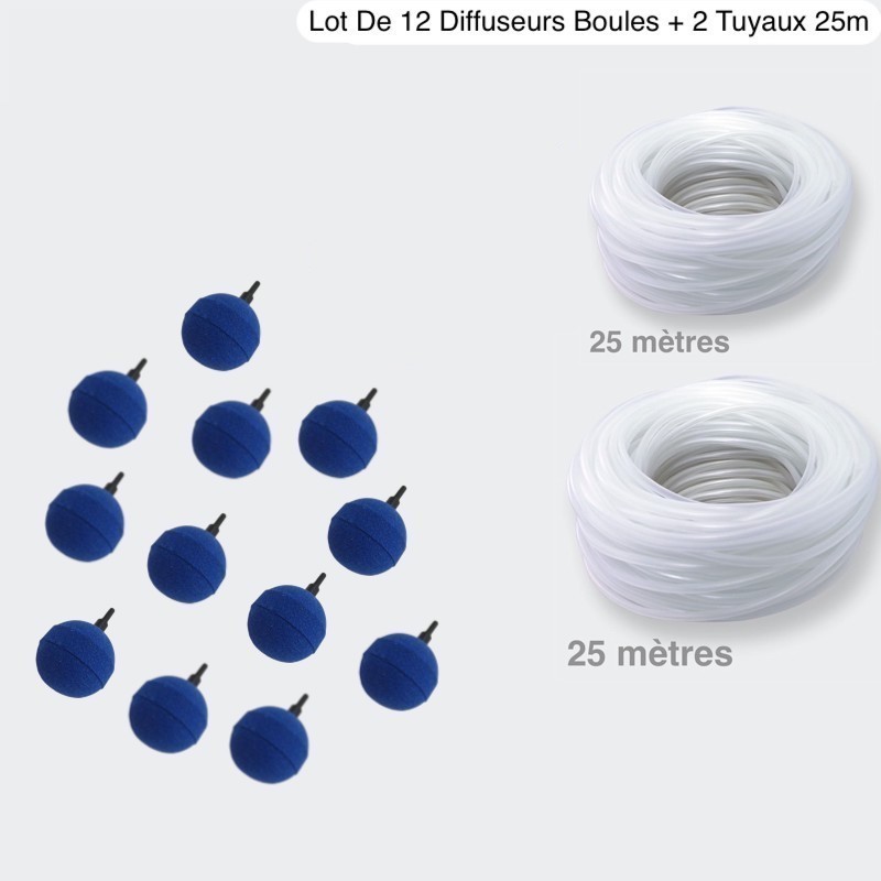 Pack 12 Diffuseurs D'air, Boule 5 cm + 2 Tuyaux De 25m, Aération Bassin