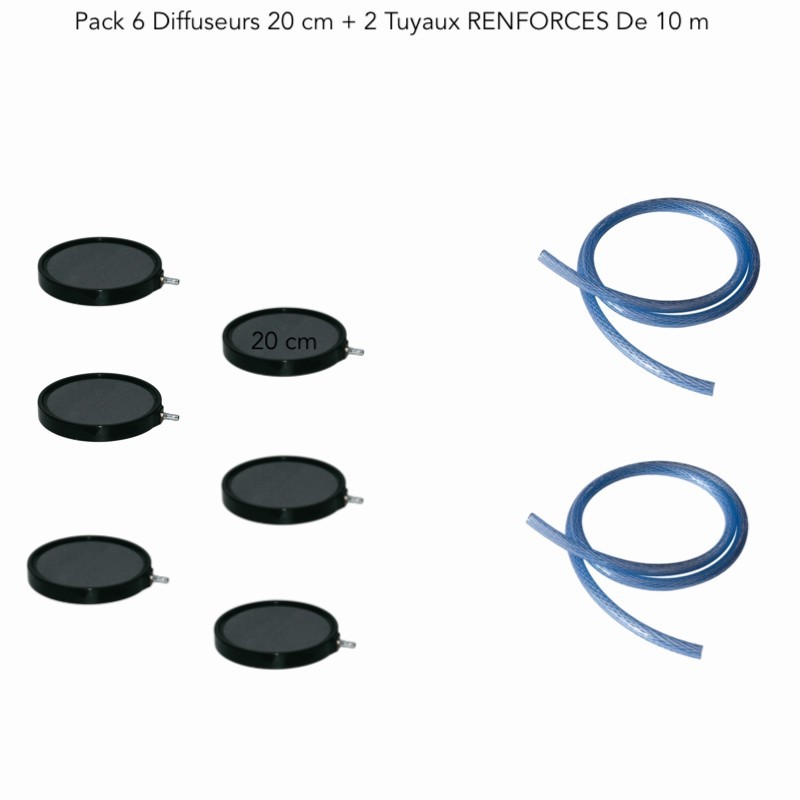 Pack 6 Diffuseurs D'Air Disques, 20 cm + 2 Tuyaux De 10 m RENFORCES