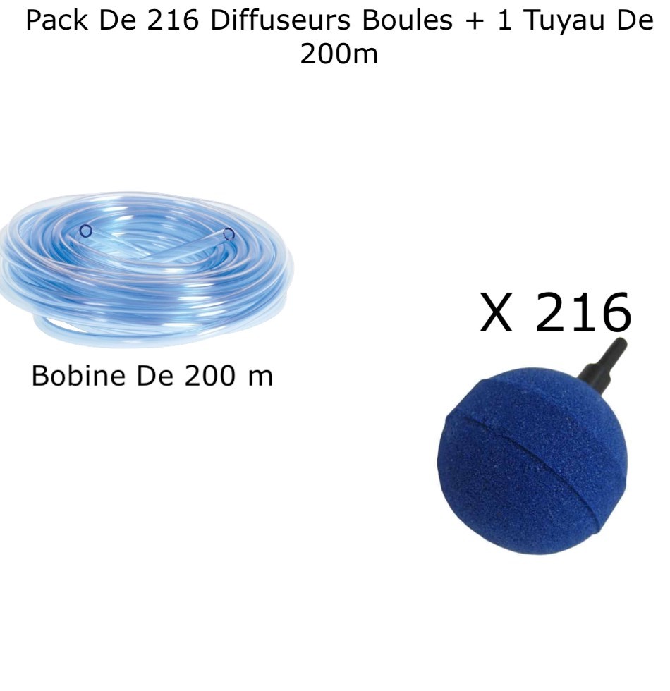 Lot De 216 Diffuseurs D'Air, Boules, 5 cm + 1 Tuyau De 200 m, Pour Bassins