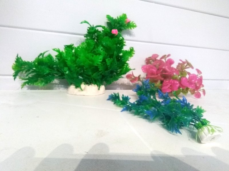 Lot 3 Plantes Plastiques Déco Aquariums: Verte, Rose & Bleue Fine