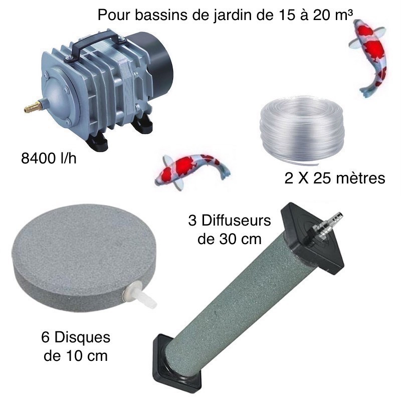 Set aération bassin de jardin 6 disques 10 cm + 3 Diffuseurs 30 cm de 15000 à 20000 litres