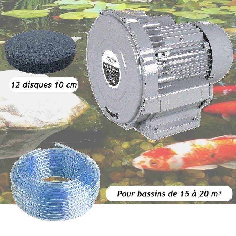 Kit Pompe À Air Bassin Vortex Turbine 15000 l/h + 12 disques 10 cm Pour Bassins De 15 à 20 m³