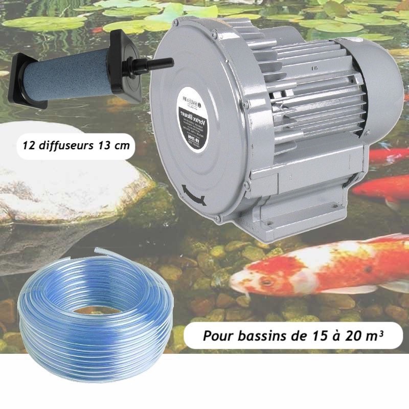 Kit Pompe À Air Bassin Vortex Turbine 15000 l/h + 12 diffuseurs 13 cm Pour Bassins De 15 à 20 m³