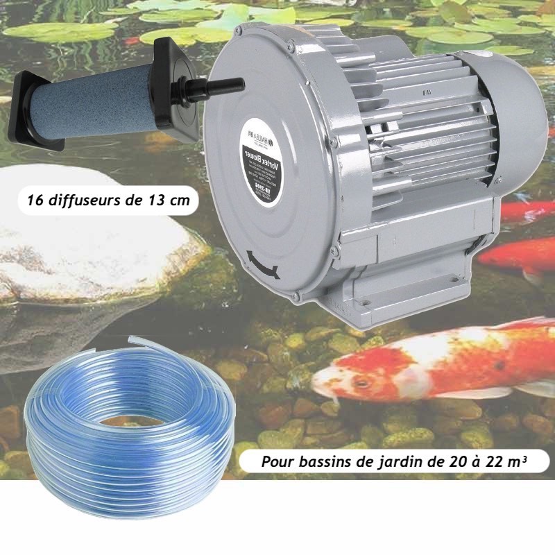 Kit Pompe À Air Vortex Turbine 18000 l/h + 16 Diffuseurs 13 cm De Long Pour Bassins De Jardin