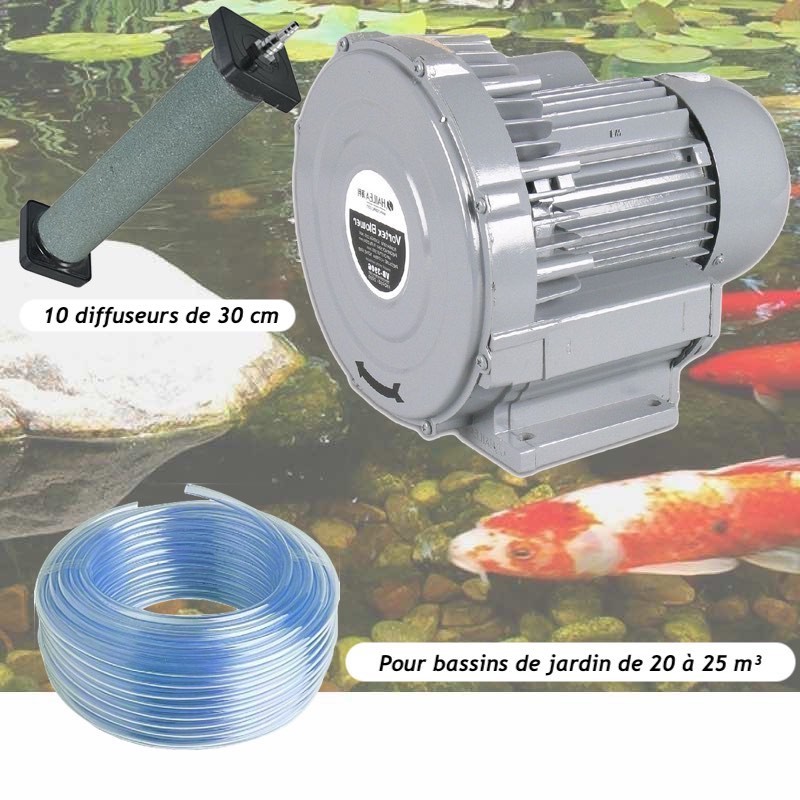 Kit Pompe À Air Vortex Turbine 21000 l/h + 10 Diffuseurs 30 cm De Long Pour Bassins De Jardin