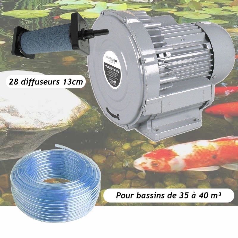 Kit Pompe À Air Vortex Turbine 38400 l/h + 28 Diffuseurs De 13 cm Pour Bassins De Jardin